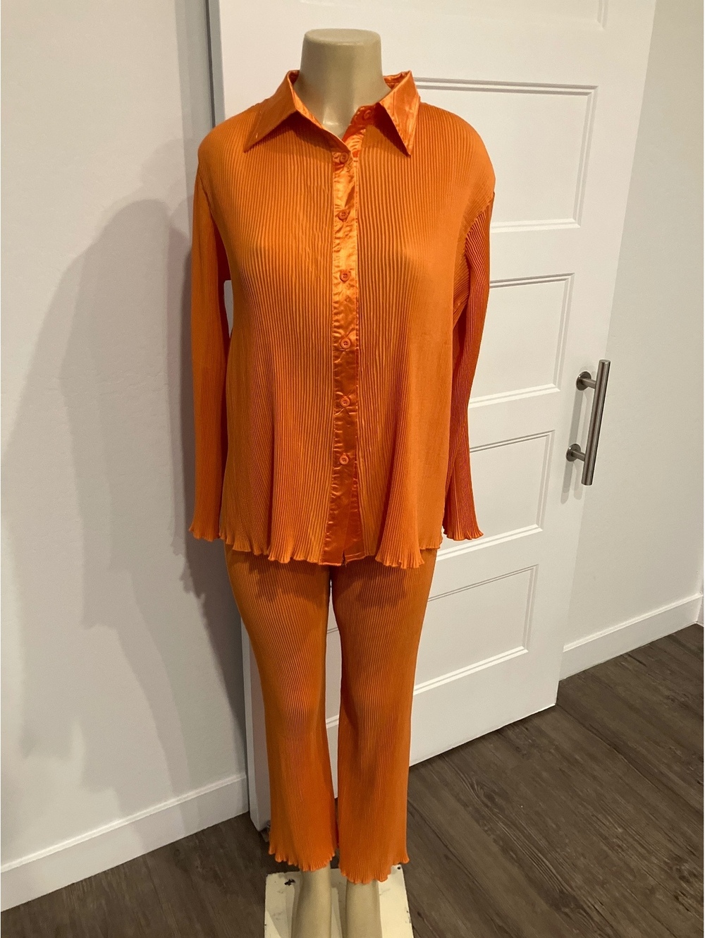 NWOT Orange Two-Piece Pleated Button-Up Top and Pants Set